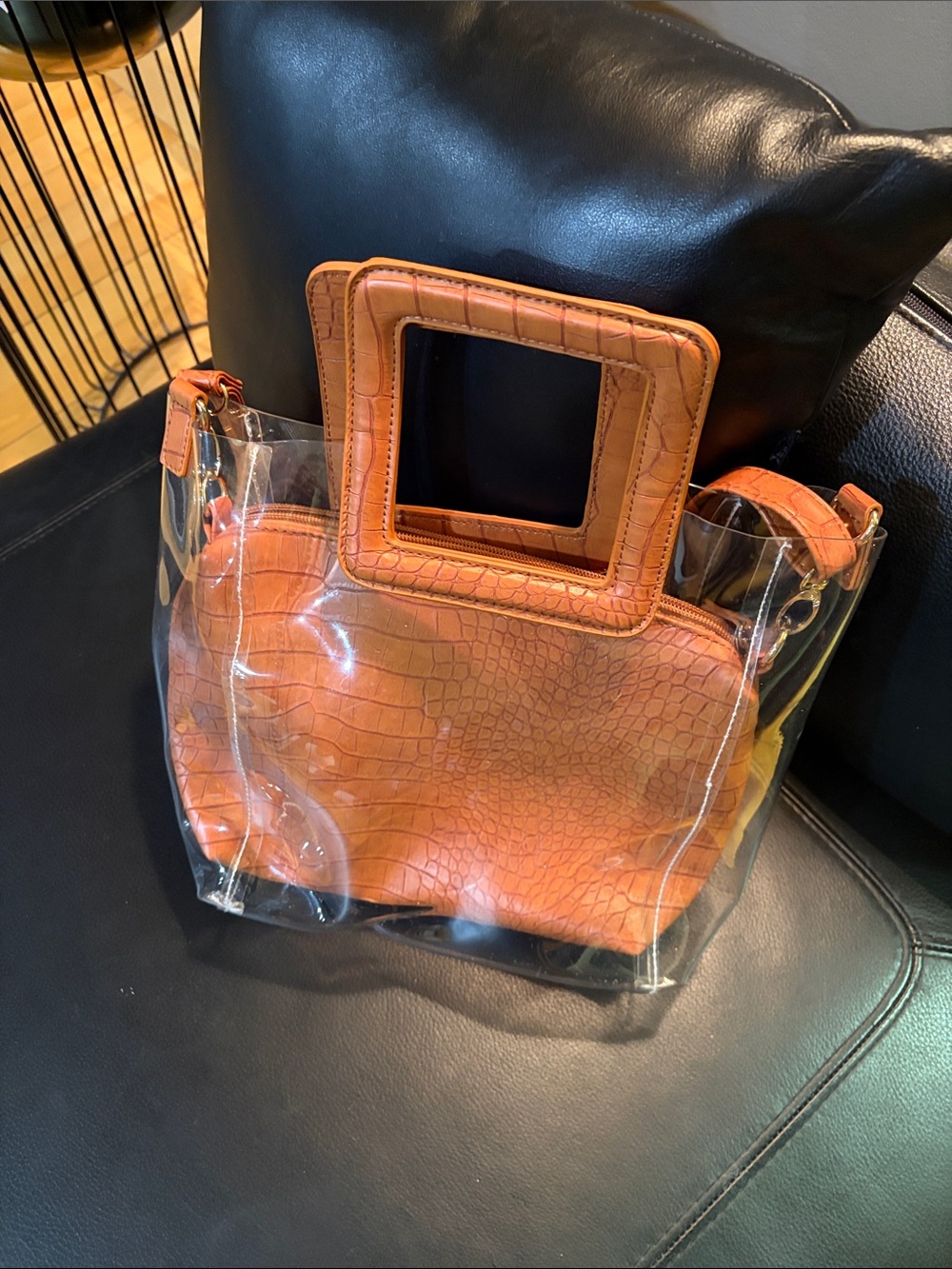 Transparent Tote with Tan Croc-Embossed Insert